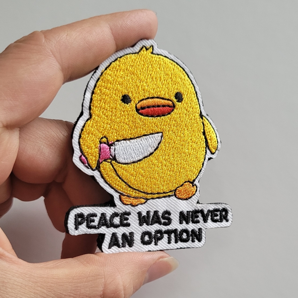 Murder Duck Meme Brooch "Peace Was Never An Option" Embroidered Pin Chick Knife.